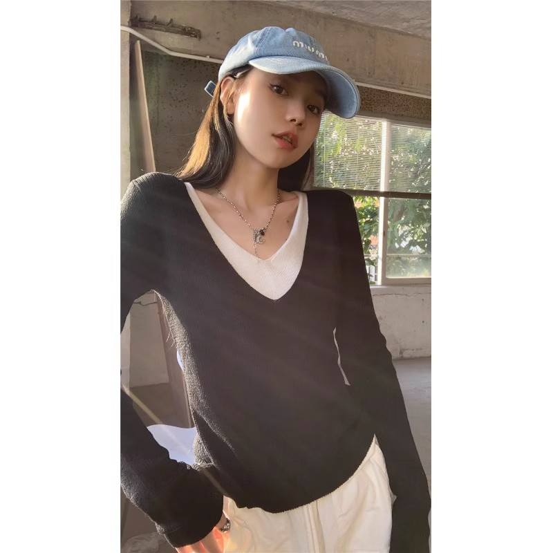 PPHOME Miss Nuofu~V-neck long-sleeved sweater women's niche autumn double-layer collar design bottoming shirt top