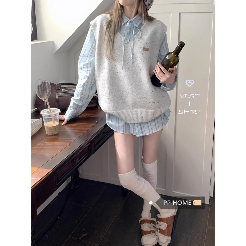 PPHOME high school girl~preppy style age-reducing knitted vest layered sweater vest + striped shirt two-piece set