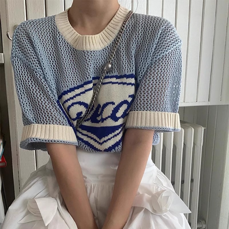 Korean ins blogger fever's same style AECA loose blue hollow sweater short-sleeved top T-shirt for women summer