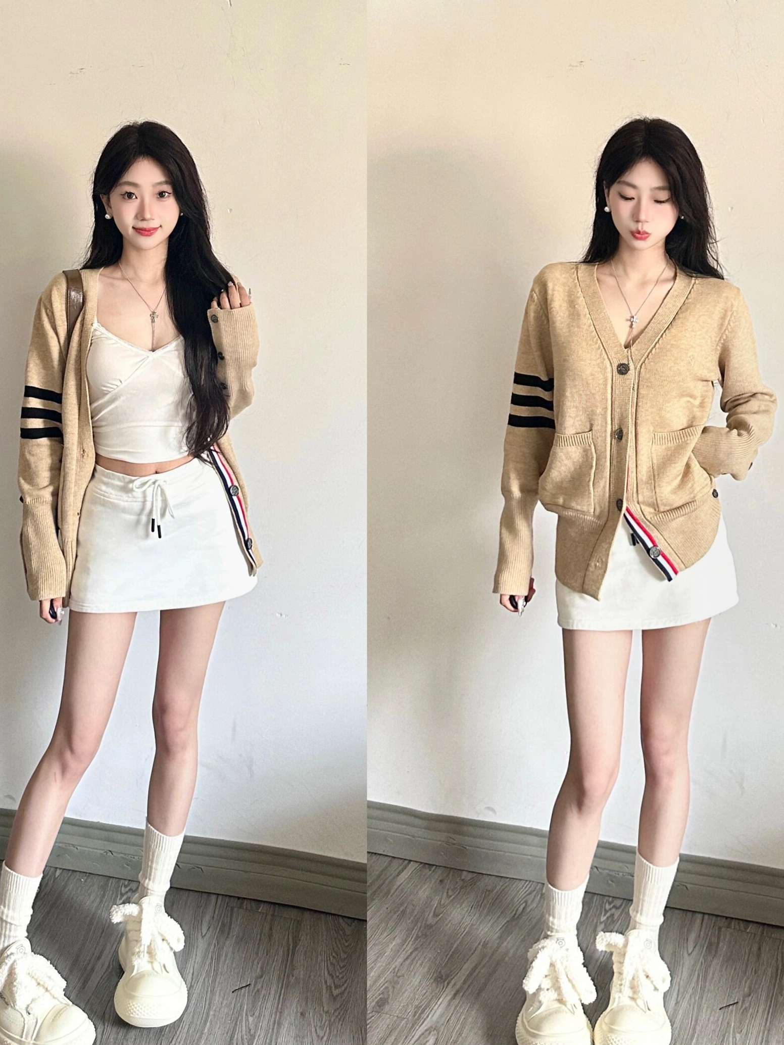 College style retro contrasting color three-stripe V-neck sweater cardigan for women in spring and autumn loose and versatile lazy sweater jacket