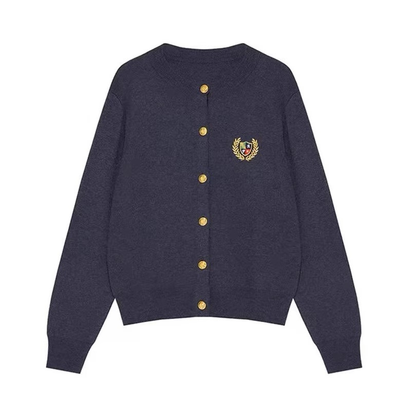 Spring and Autumn British College Style Knitwear Women's Short Loose Top Badge Embroidered Wool Cardigan Sweater Jacket