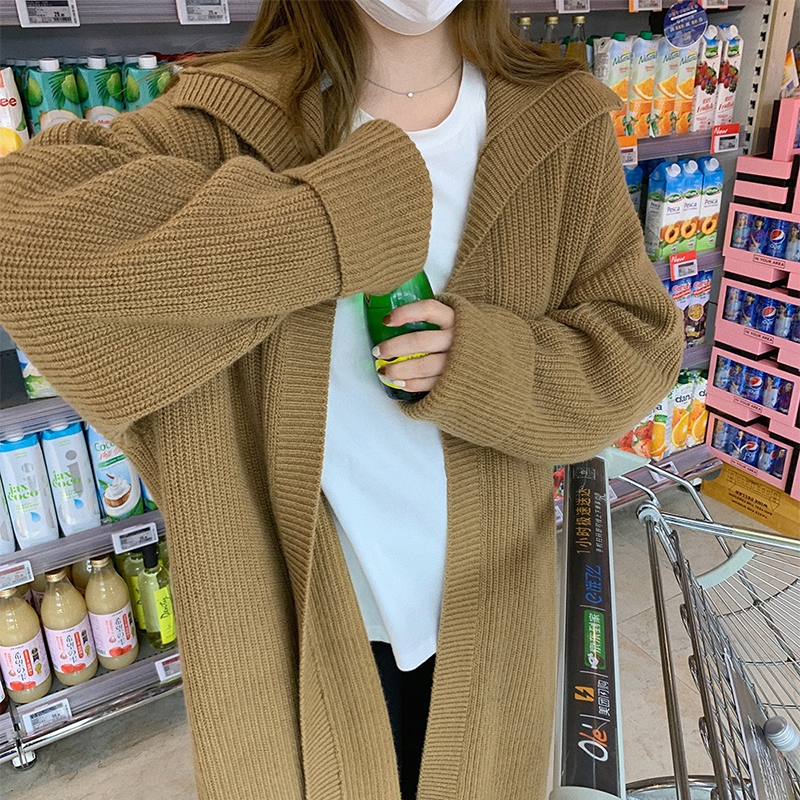 Korean retro lapel mid-length coat for women in autumn and winter thickened loose knitted cardigan with temperament and lazy style large sweater