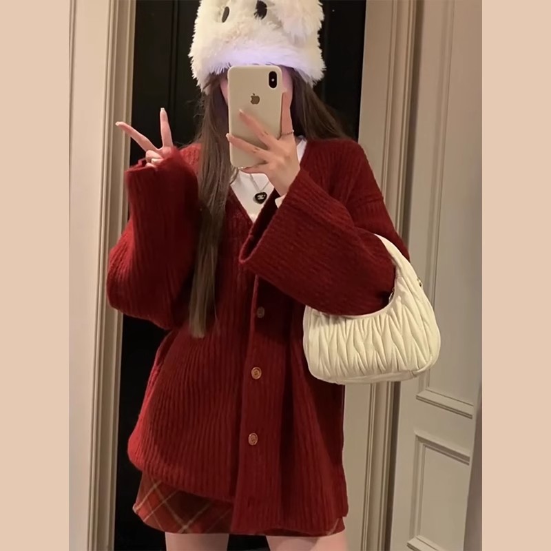 Christmas Outfit New Year Red Sweater Jacket Women's Autumn and Winter  New Style Chic and Beautiful Knitted Cardigan