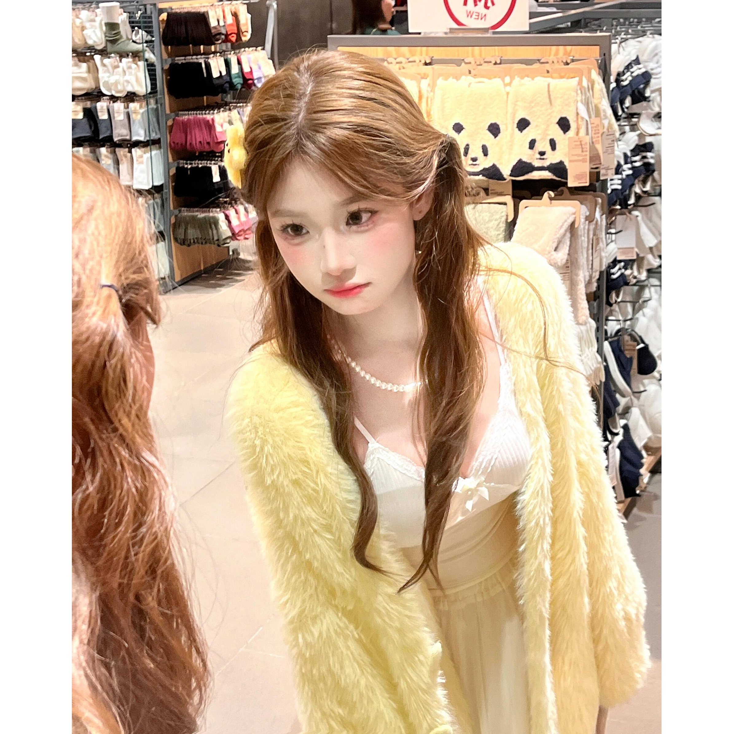 Milk fufu gentle and sweet style high-end long-haired mink knitted cardigan soft waxy yellow lazy v-neck jacket