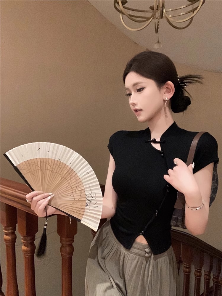 New Chinese style national style cheongsam short-sleeved T-shirt for women in summer, pure and sweet hot girl irregular top, chic and beautiful small shirt