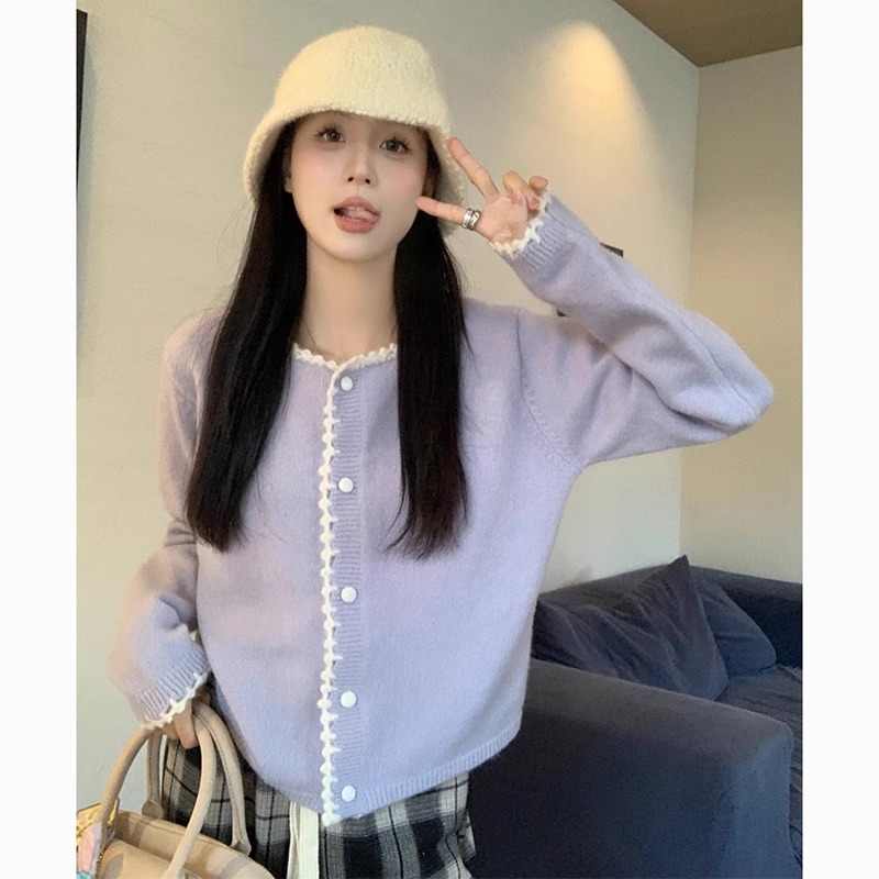 Gentle style purple lace collar high-end knitted cardigan sweater for women early spring loose long-sleeved niche top jacket