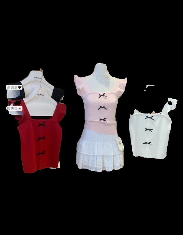 AS OFFICIAL recommends summer new high-end French flying sleeves bow knitted vest for women