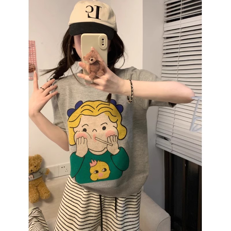 French cartoon print short-sleeved T-shirt women's summer 2024 new loose slimming short knitted bottoming top