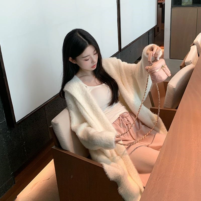 Rongirl hooded imitation mink knitted cardigan loose coat for women small and medium length 2024 spring and autumn new style