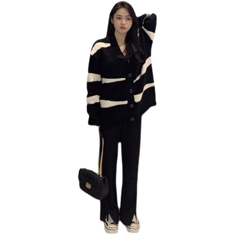 Striped knitted sweater cardigan for women  autumn and winter small style coat French loose lazy top for women