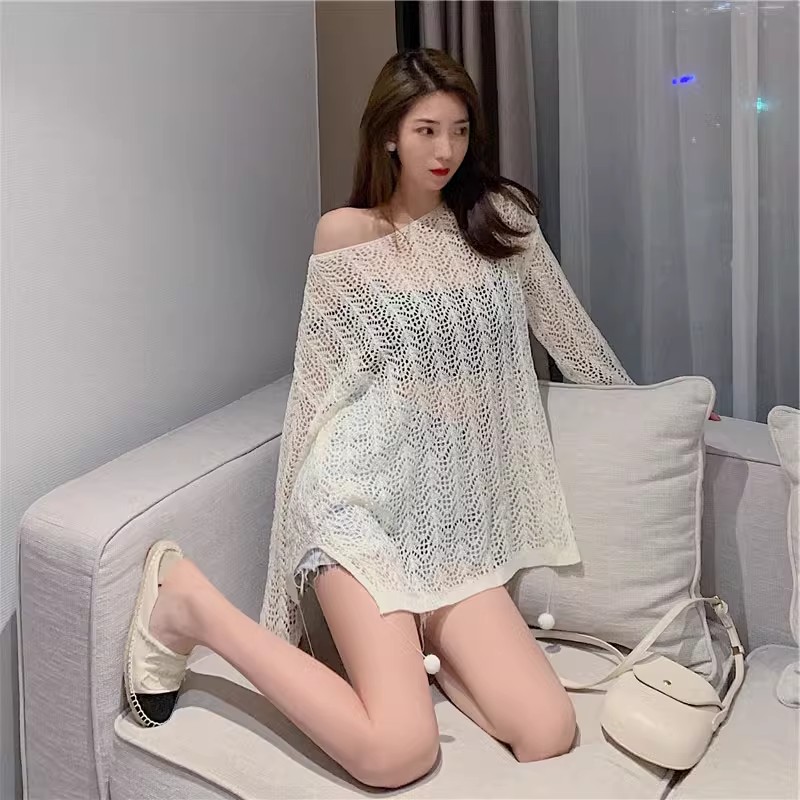 White one-shoulder hollow sweater for women in summer thin long-sleeved outer air-conditioning blouse short sun protection top