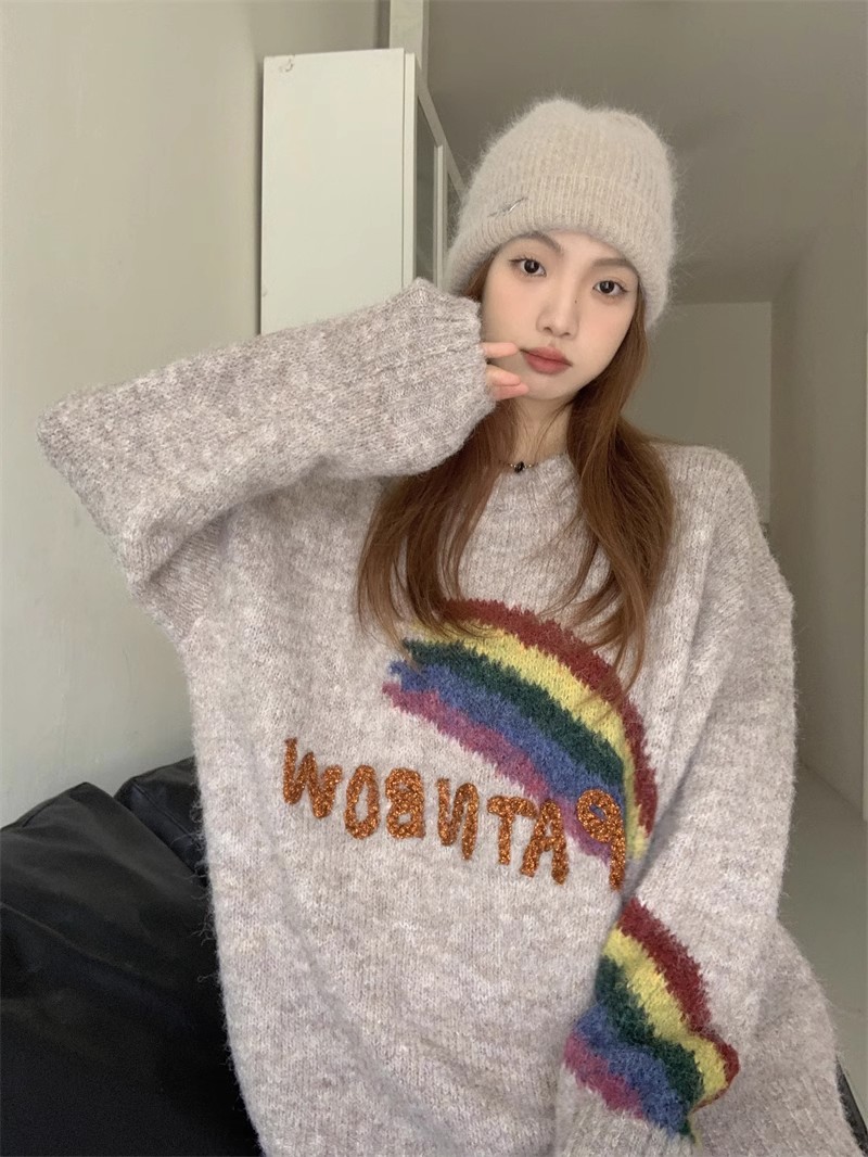 Three-dimensional rainbow letters loose soft waxy sweater for women winter new versatile slim long-sleeved sweater top