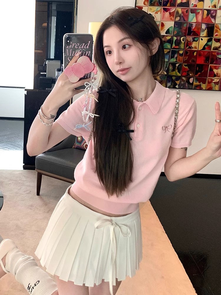 Pink Polo collar short-sleeved sweater for women 2024 summer new slim fit short t-shirt right shoulder top