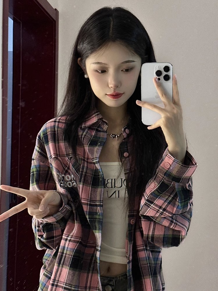 Hong Kong style sweet pink plaid shirt for women autumn  new simple polo collar versatile casual loose shirt