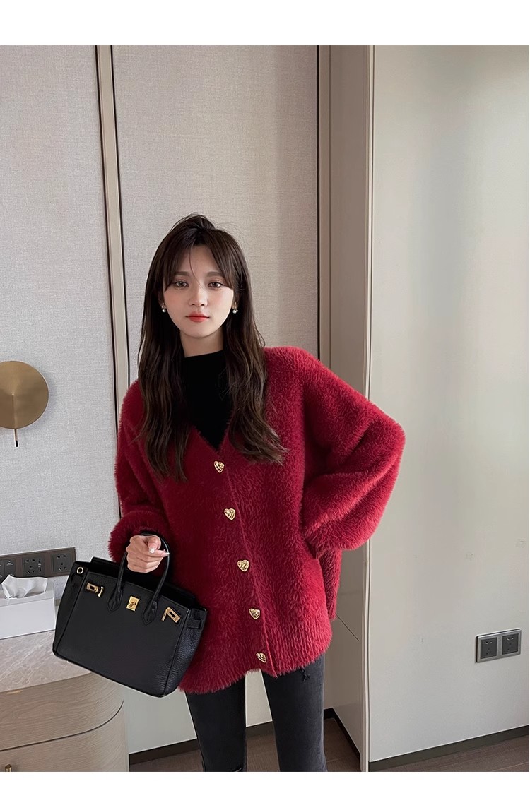 Red imitation mink velvet sweater cardigan coat for women thickened mid-length autumn and winter loose, warm, soft and waxy furry