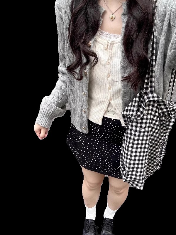 2024 spring new button cable gray short top classic versatile knitted cardigan coat sweater for women