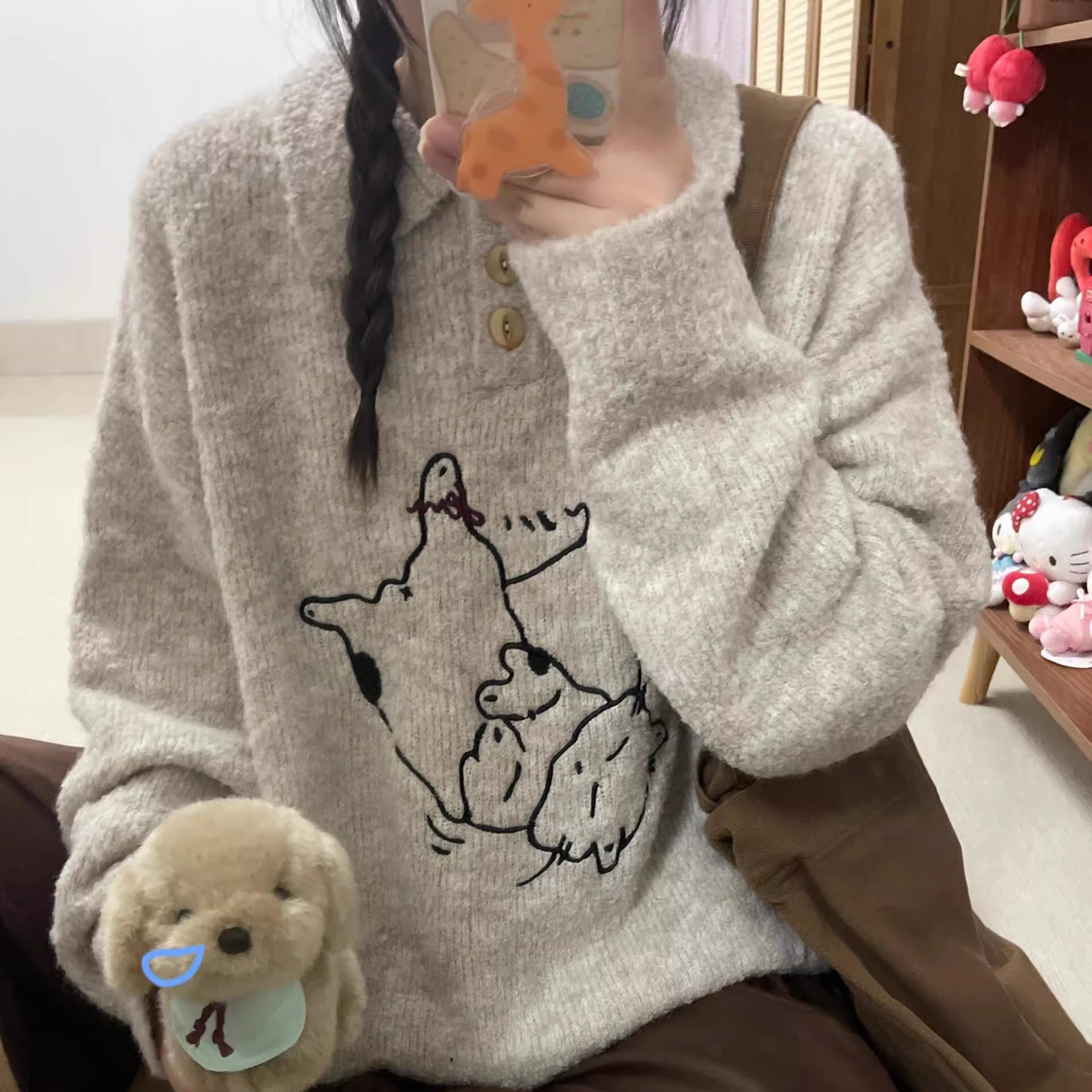 Retro fun kitten embroidered sweater for women autumn and winter new style lazy style loose casual versatile sweater jacket trend