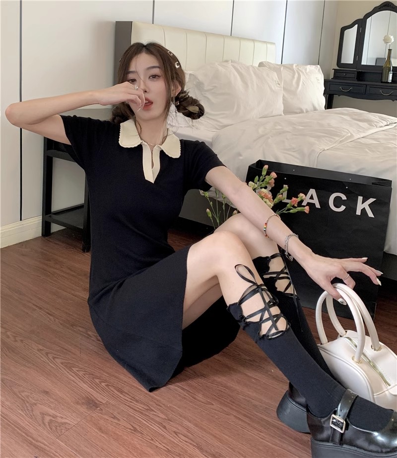 Contrast color polo collar knitted dress for women summer Hepburn style little black dress slim waist small A-line skirt