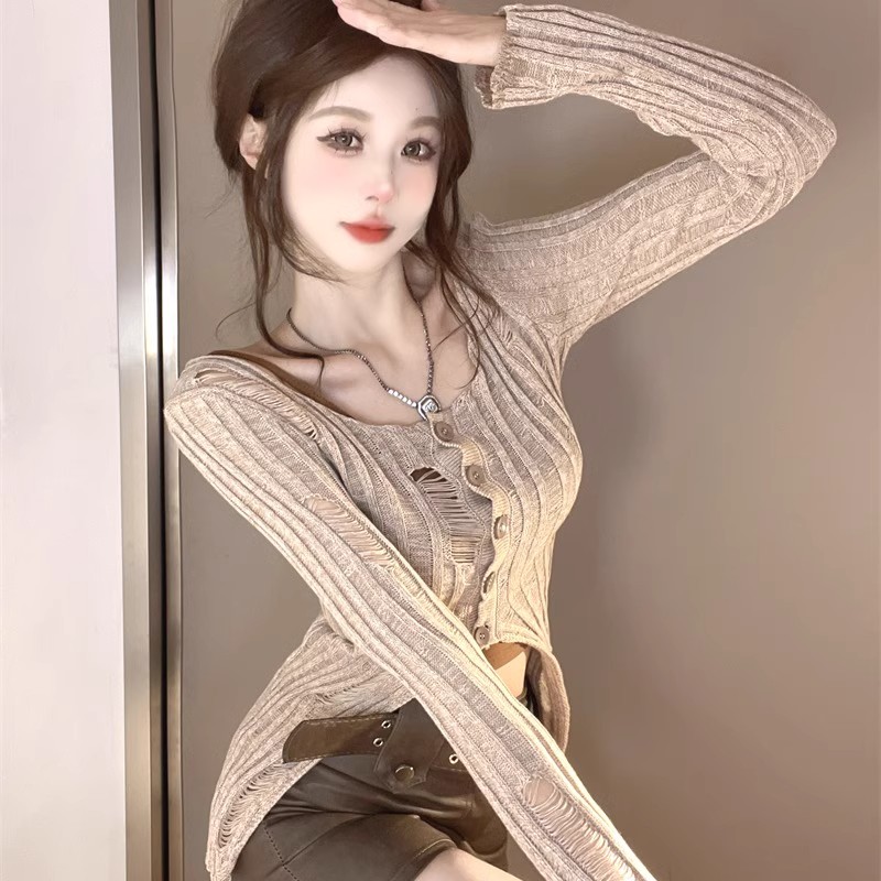 Designed slit hollow knitted top camisole two-piece set autumn and winter sexy hottie slim PU leather skirt for women