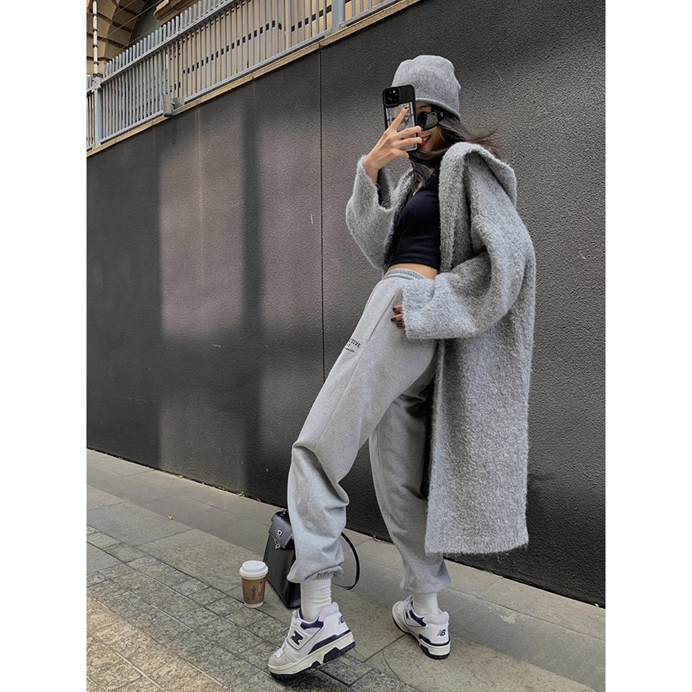 Gray hooded sweater coat for women, loose, lazy style, long knitted cardigan, outer wear for women, thickened autumn and winter coat