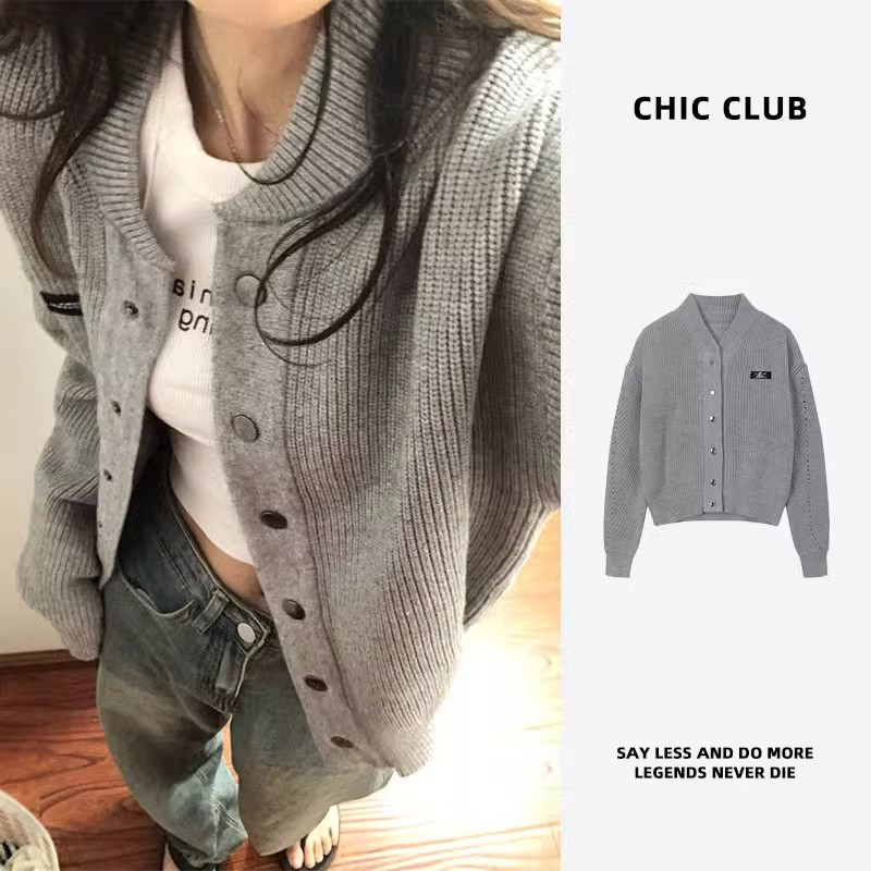 College style short gray sweater design niche women's autumn and winter lazy retro knitted cardigan jacket