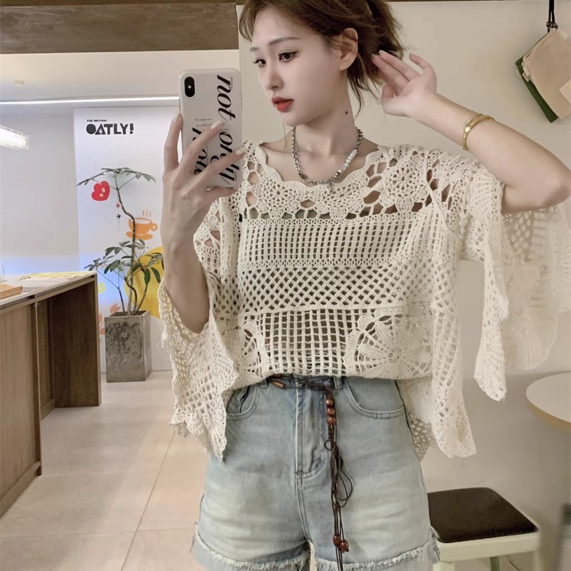 Spring Clothing 2024 New Korean Style Loose Korean Style Versatile Hollow Crochet Long Sleeve Knitted Blouse Tops Knitwear