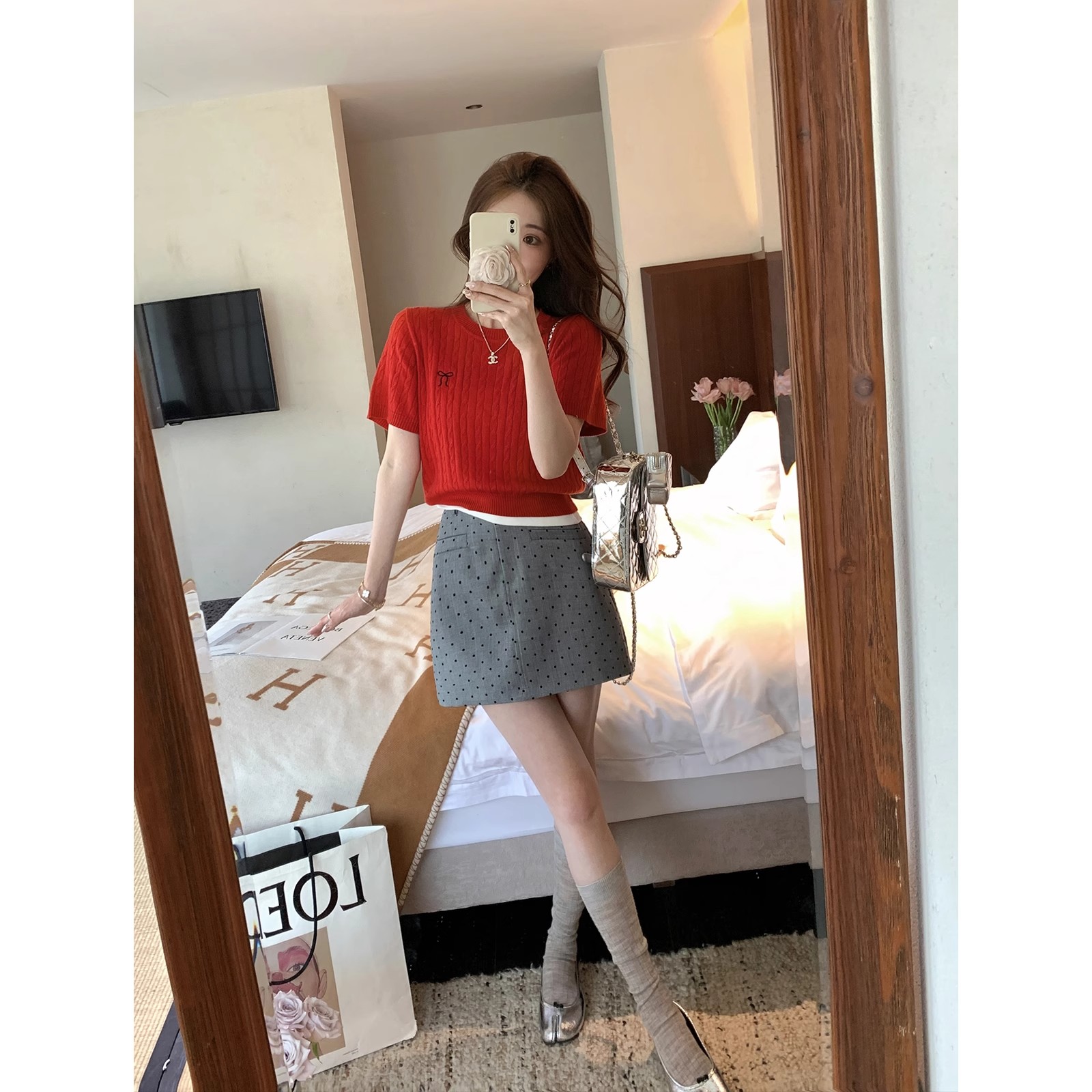 GIOIO Peninsula Love Letter ~ Twist pattern wool thin solid color crop top short-sleeved sweater