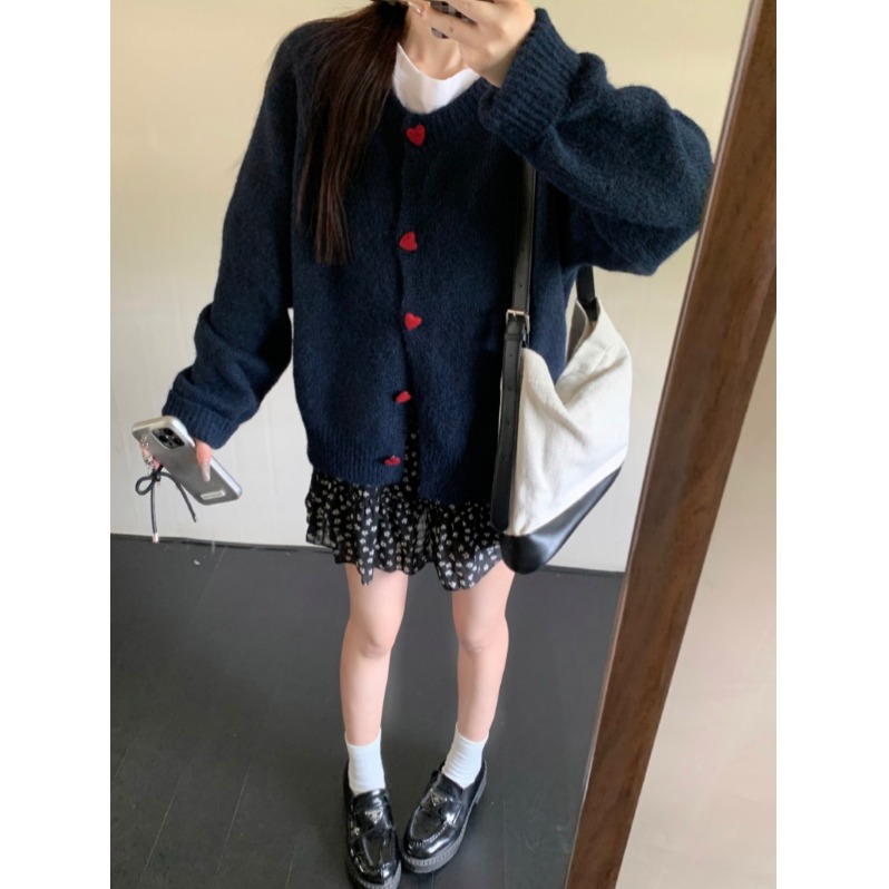 Love button design sweater jacket for women autumn 2024 new loose and slim knitted versatile top trendy