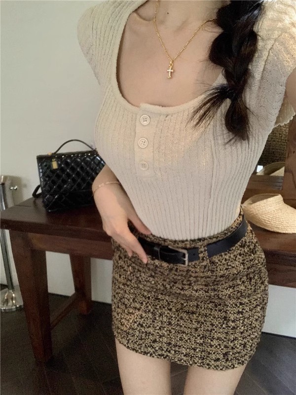 Apricot simple slim round neck short-sleeved knitted T-shirt women's summer waist slimming bottoming shirt temperament pitted top