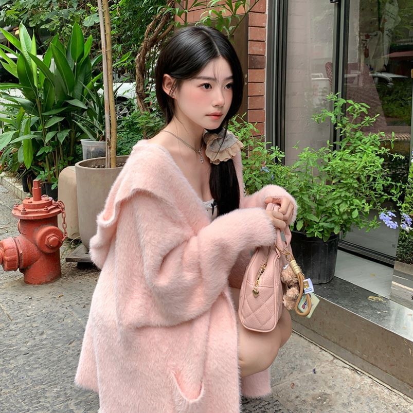 Rongirl hooded imitation mink knitted cardigan loose coat for women small and medium length 2024 spring and autumn new style