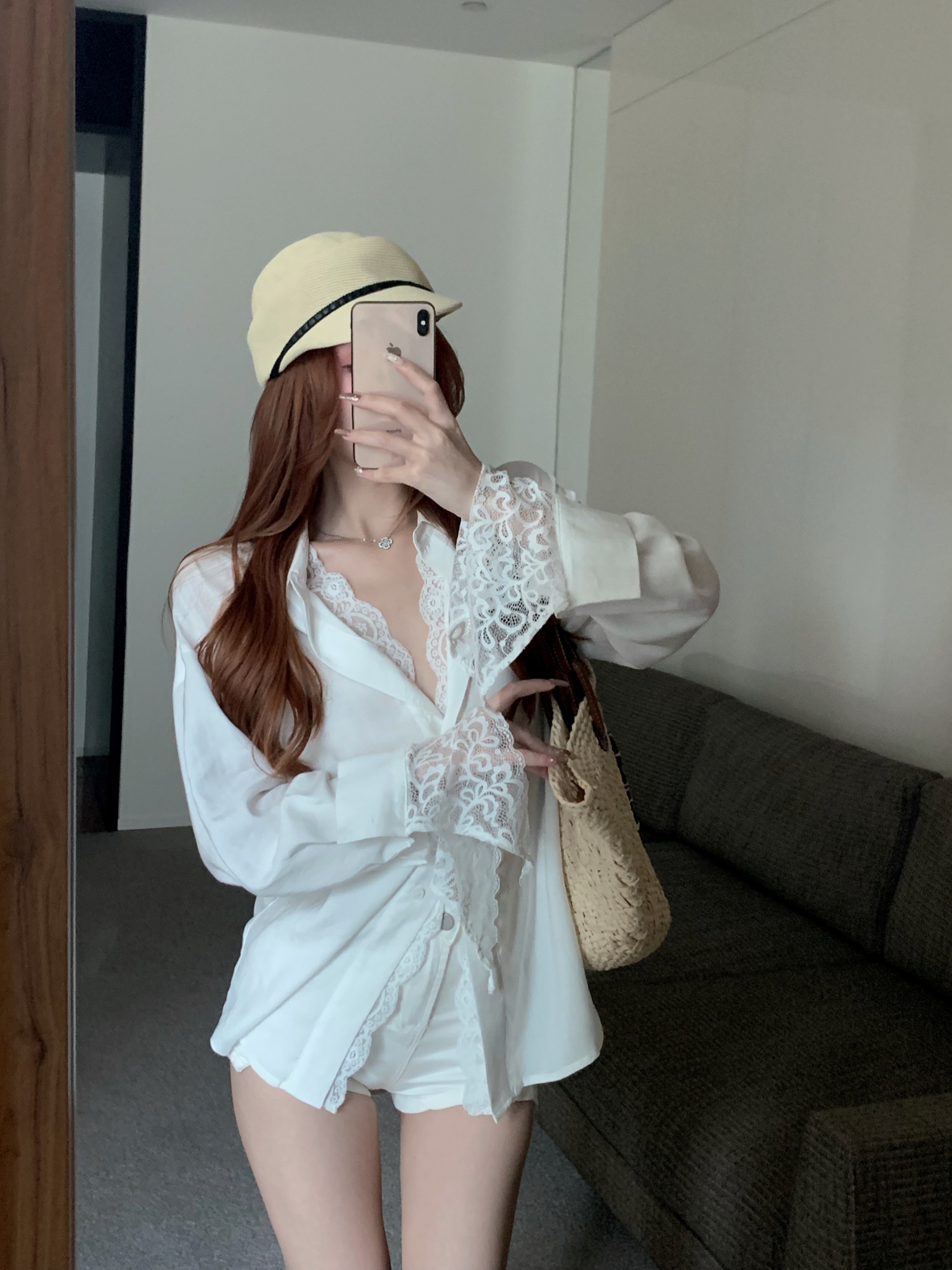 Fake two-piece white long-sleeved loose shirt women's summer lace splicing sun protection shirt mid-length temperament top