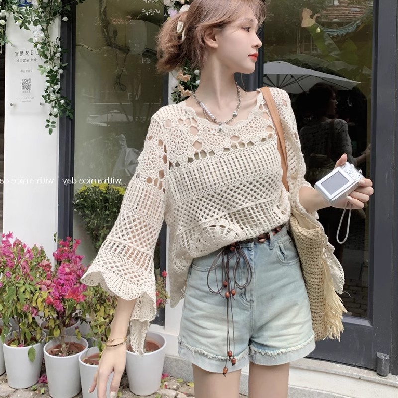 Spring Clothing 2024 New Korean Style Loose Korean Style Versatile Hollow Crochet Long Sleeve Knitted Blouse Tops Knitwear