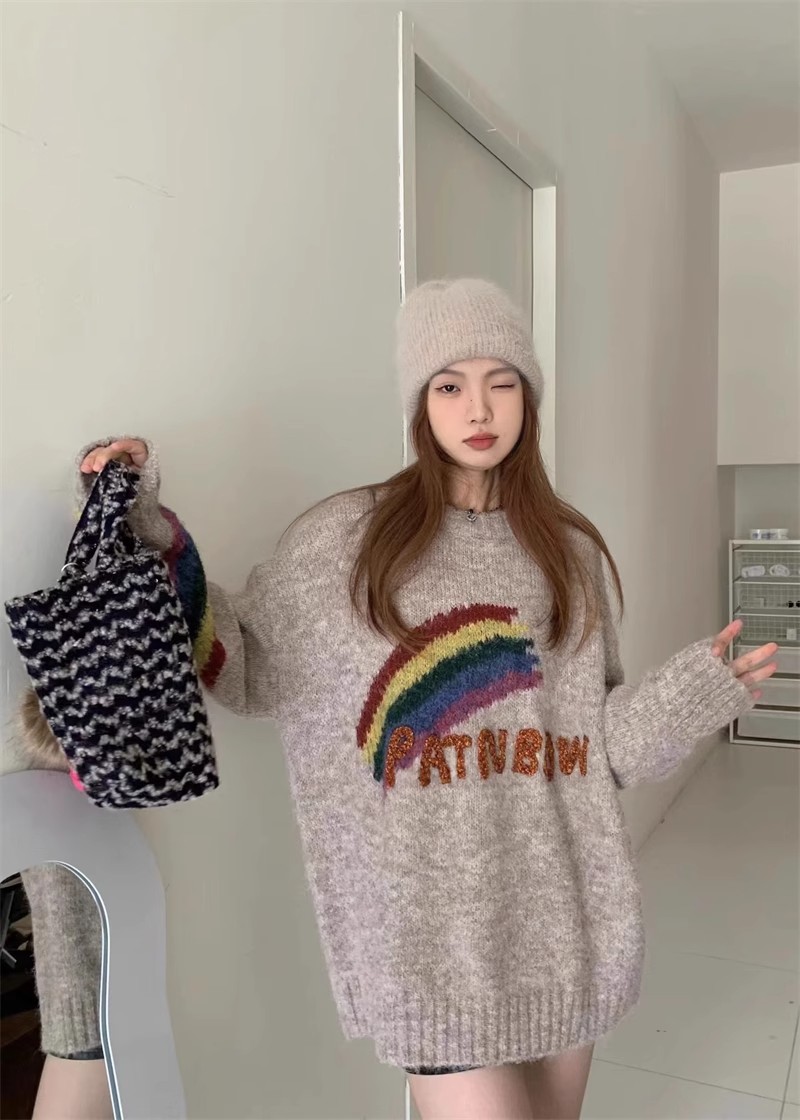 Three-dimensional rainbow letters loose soft waxy sweater for women winter new versatile slim long-sleeved sweater top