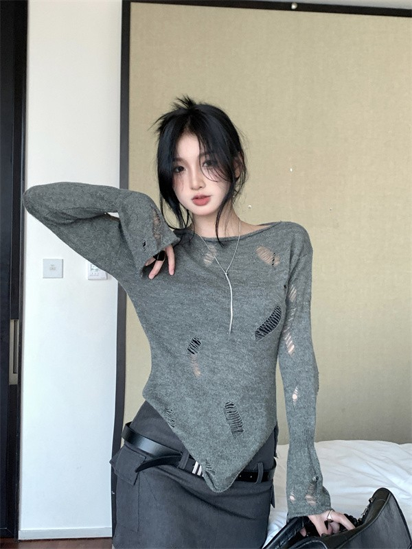 Lazy style ripped long-sleeved sun protection knitted blouse for women spring thin irregular design niche tops and jackets