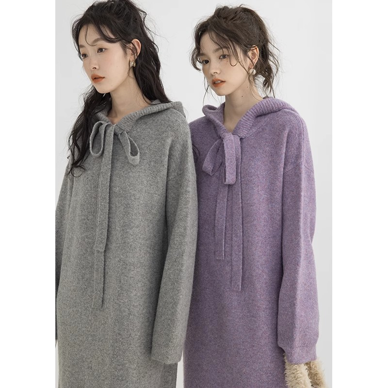 CHACHASTU retro long-sleeved knitted dress for women autumn and winter purple gray lazy style hooded sweater skirt