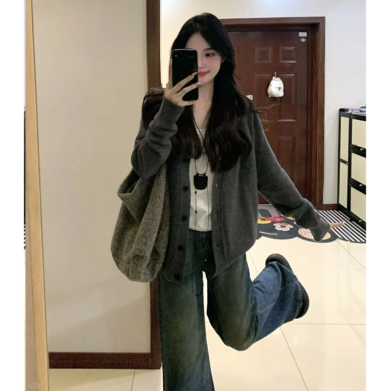 ALLYN dark gray Korean style V-neck knitted cardigan for women spring and autumn new loose outer thin sweater jacket