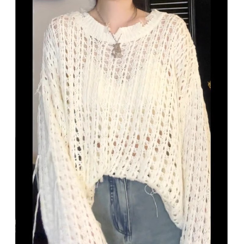 Thin long-sleeved sun protection blouse for women new style lazy loose hollow sweater ice silk tassel long woolen top