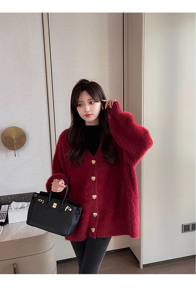 Red imitation mink velvet sweater cardigan coat for women thickened mid-length autumn and winter loose, warm, soft and waxy furry