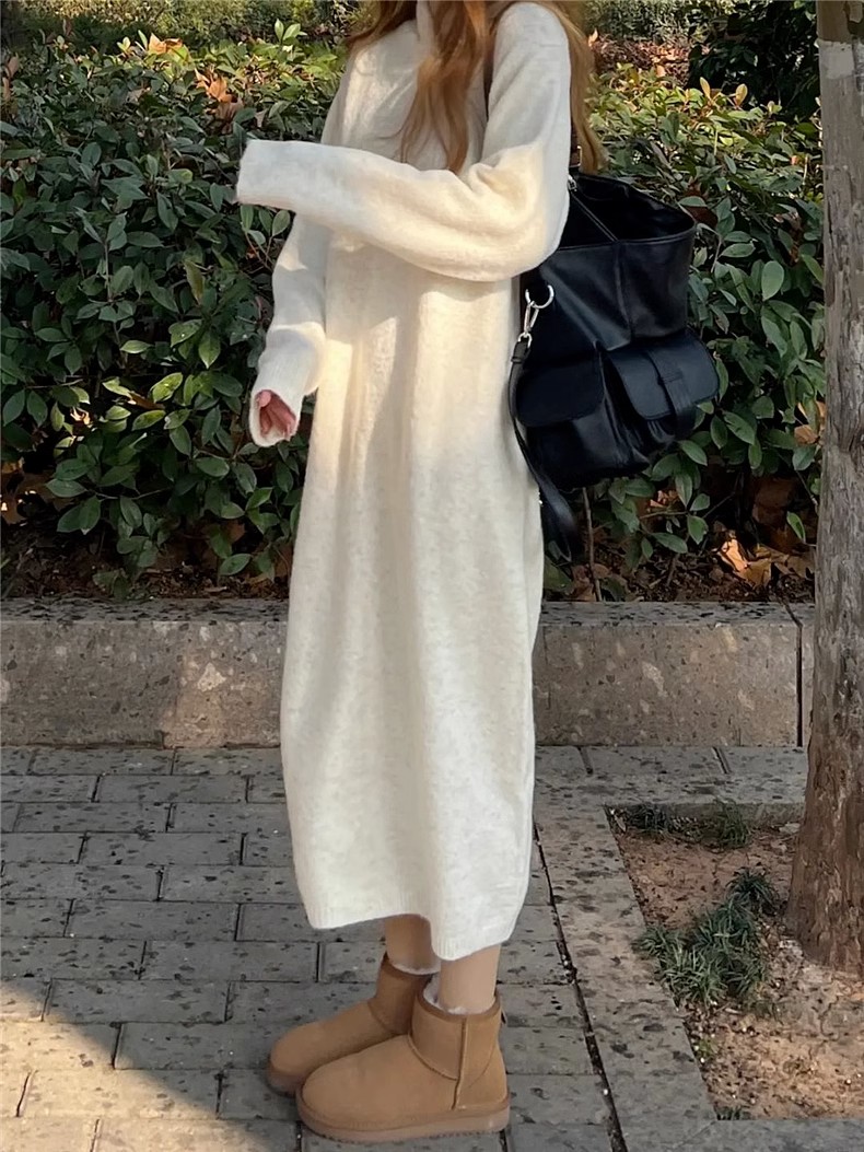 Sweater knitted dress long slimming  early autumn women's loose high-end French long skirt white