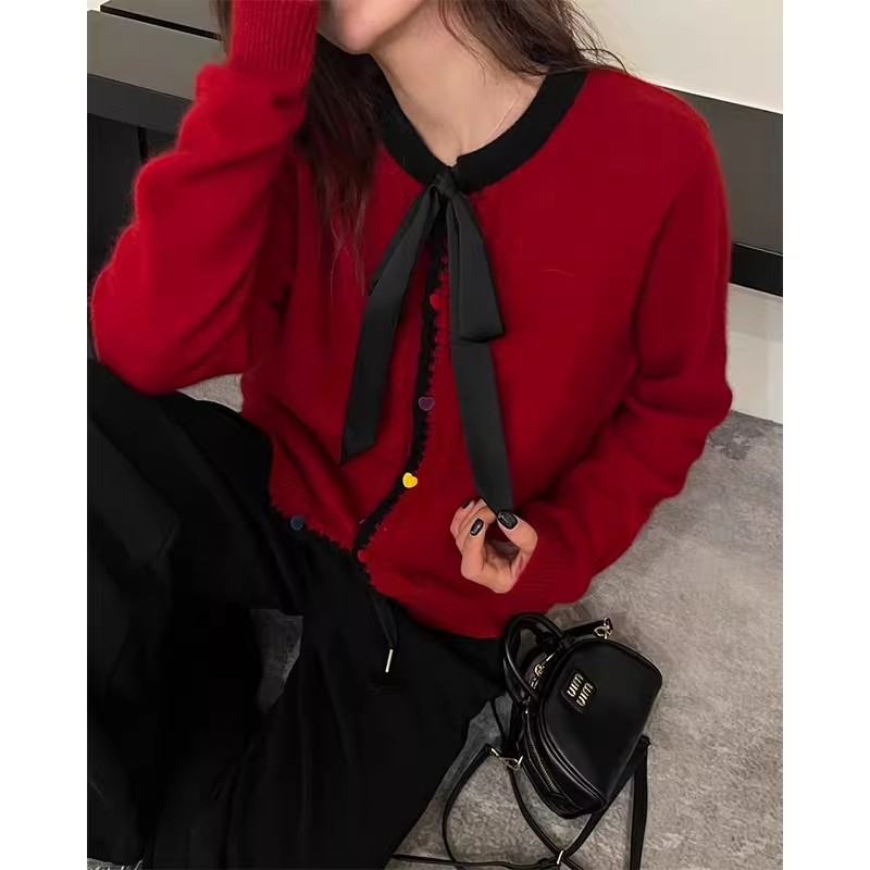 Colorful Button Bow Wool Knitted Cardigan Sweater Women's Christmas Red Winter Clothes 2024 New European Fashion Women's Clothing Trend