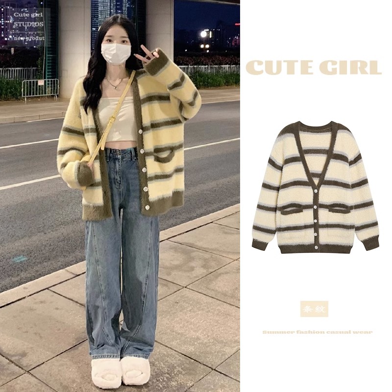 Mohair striped sweater jacket for women autumn and winter  new retro Korean college style thickened knitted cardigan