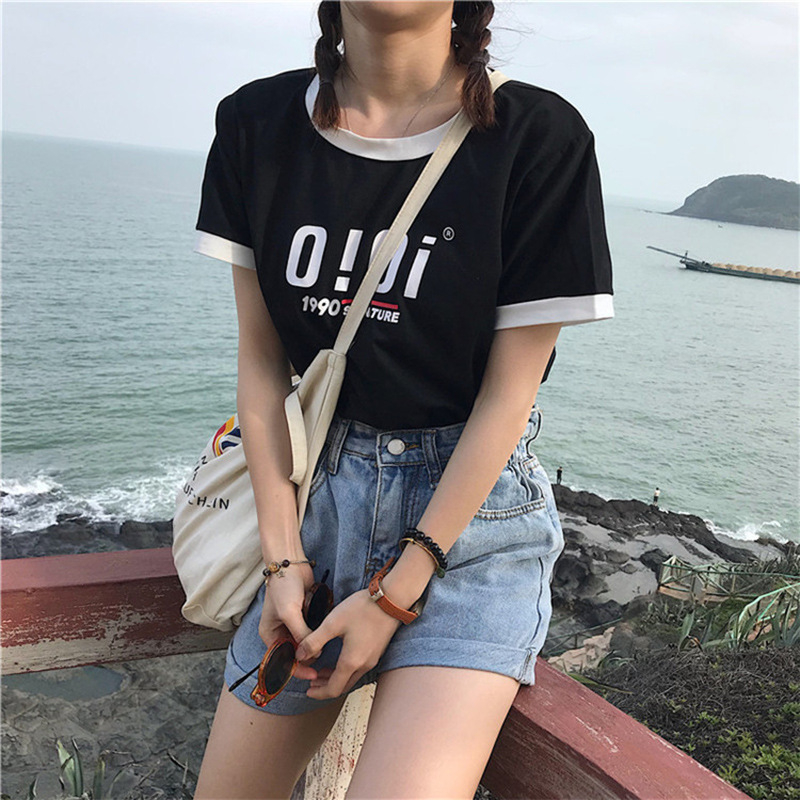 W23#[Official Photo] 180g milk silk summer new Korean style loose letter short-sleeved T-shirt student tops for women