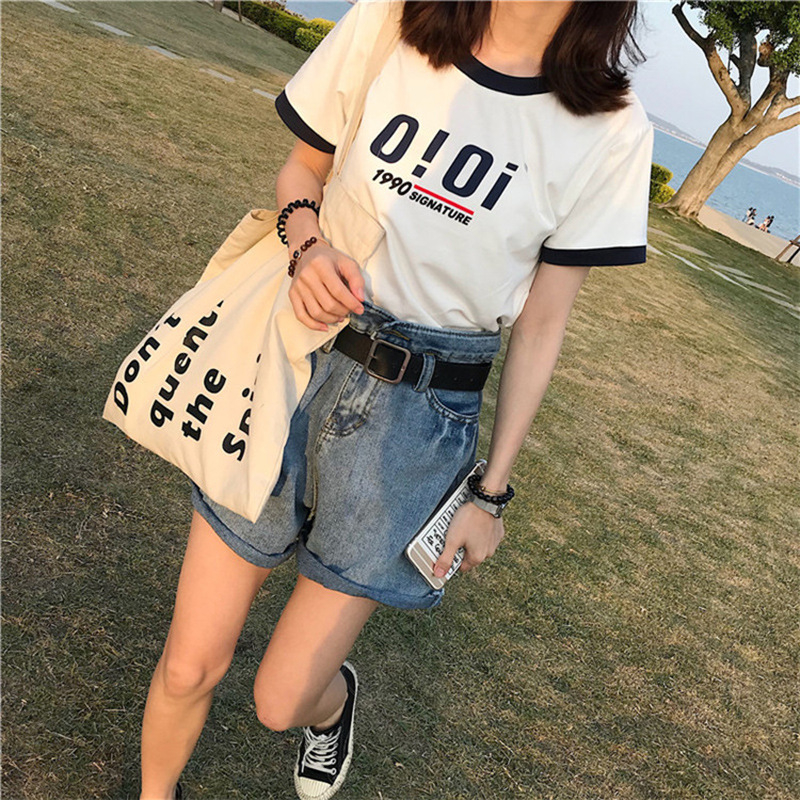 W23#[Official Photo] 180g milk silk summer new Korean style loose letter short-sleeved T-shirt student tops for women