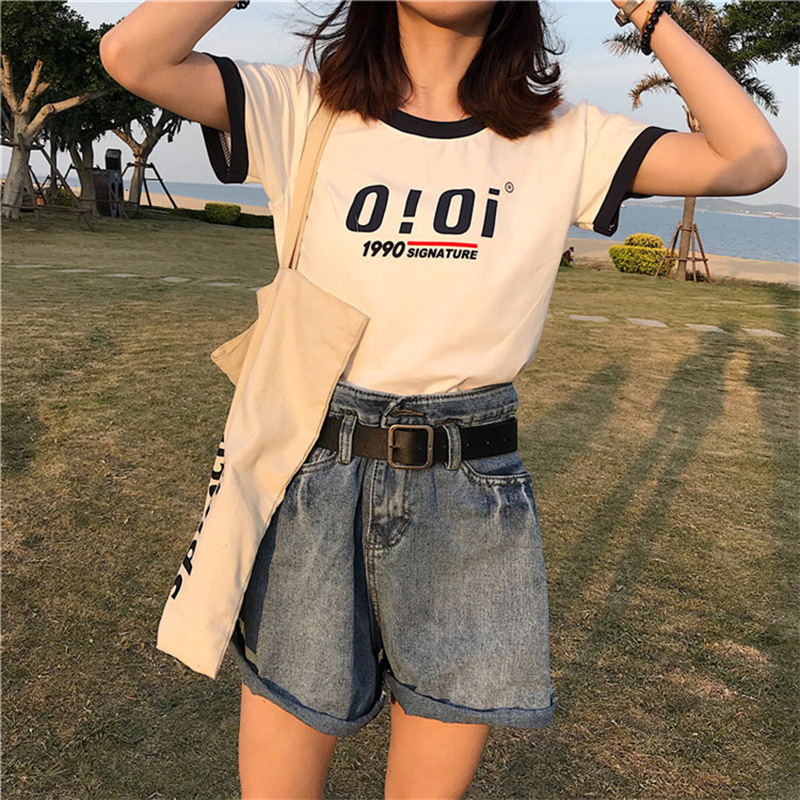 W23#[Official Photo] 180g milk silk summer new Korean style loose letter short-sleeved T-shirt student tops for women