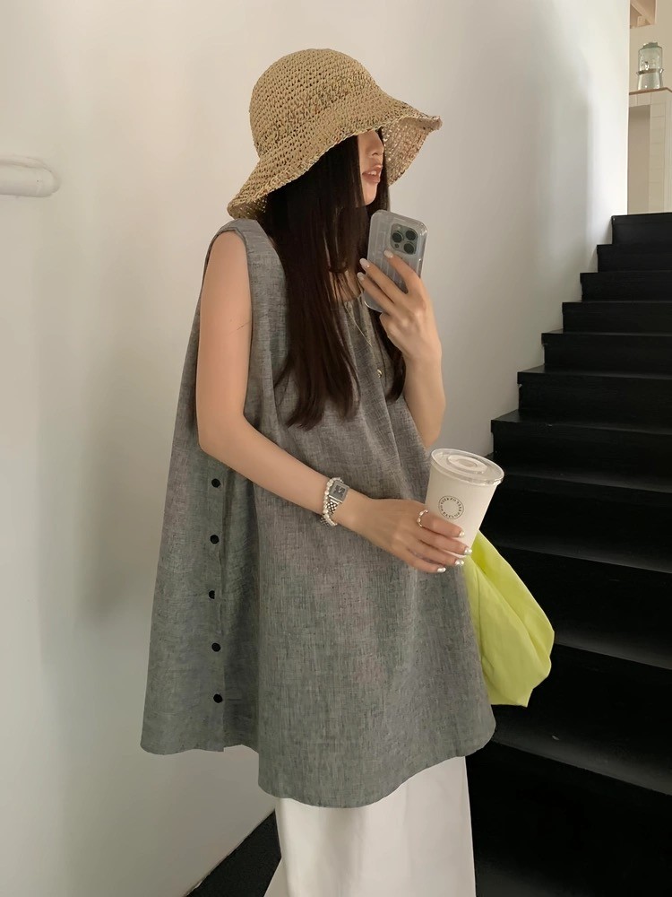 Niche design side button vest dress for women summer loose casual sleeveless A-line skirt for small people