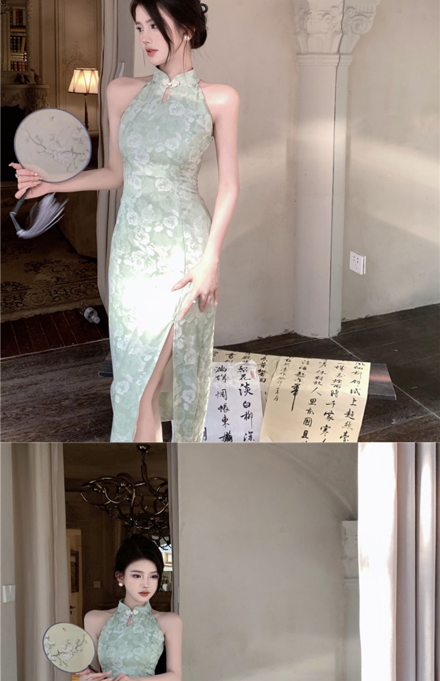 新中式国风清冷感绿色改良旗袍性感风情万种绝美挂脖连衣裙女夏季