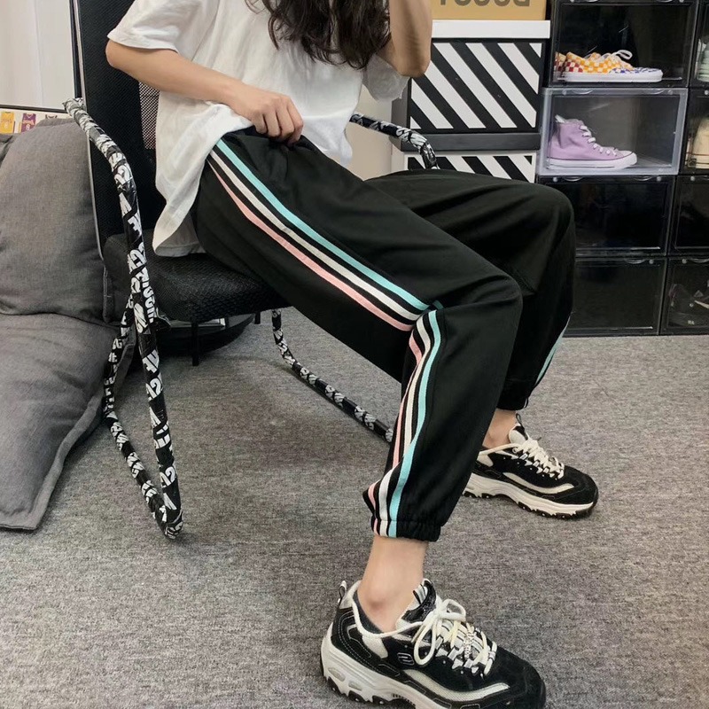 Cotton pants nine point casual sports pants women's loose bound feet show thin and versatile straight tube white High Waist Wide Leg Pants