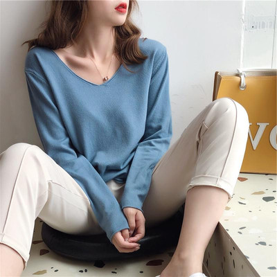 Lazy wind Avocado Green V-Neck Sweater women's spring and autumn loose Pullover Sweater versatile bottomed sweater