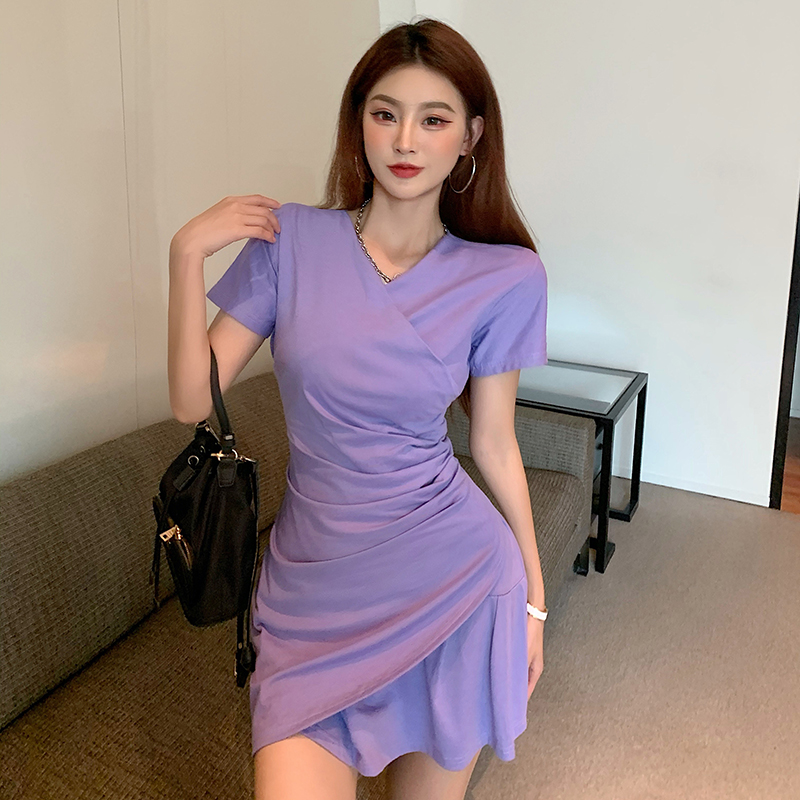 2021 new purple dress women's summer wrinkle temperament V-neck short sleeve T-shirt skirt medium length skirt