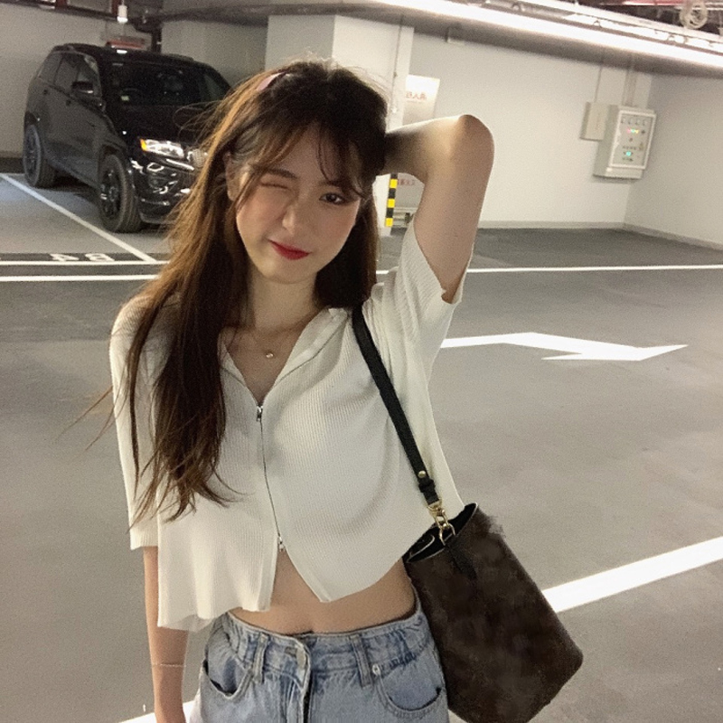 Korean double zipper knitted BM style top women's new summer 2020 loose short hooded short sleeve T-shirt ins